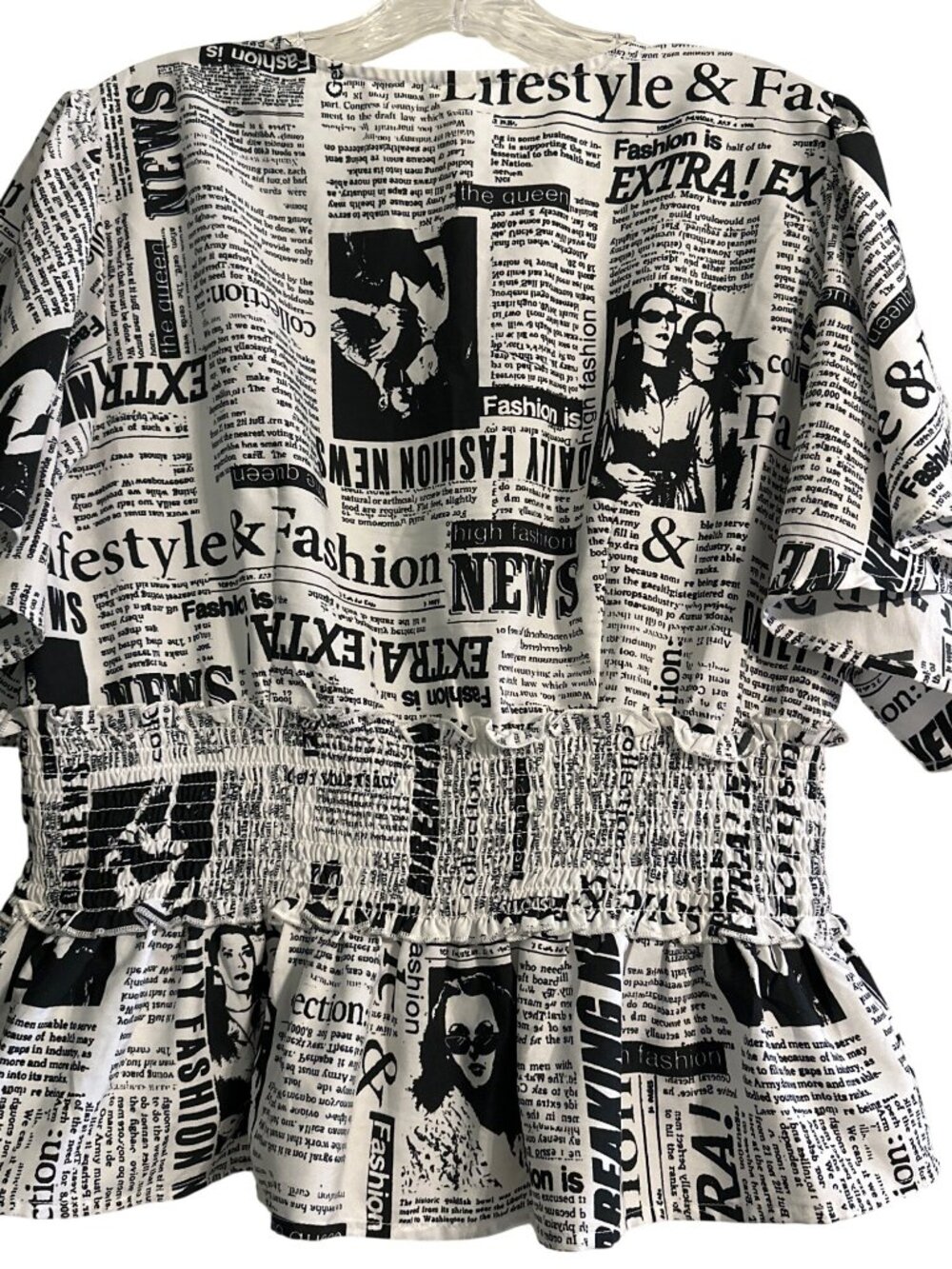 Newspaper Print Peplum Top With Smocked Waist And Button Front - Black & White - - Picture 4 of 6